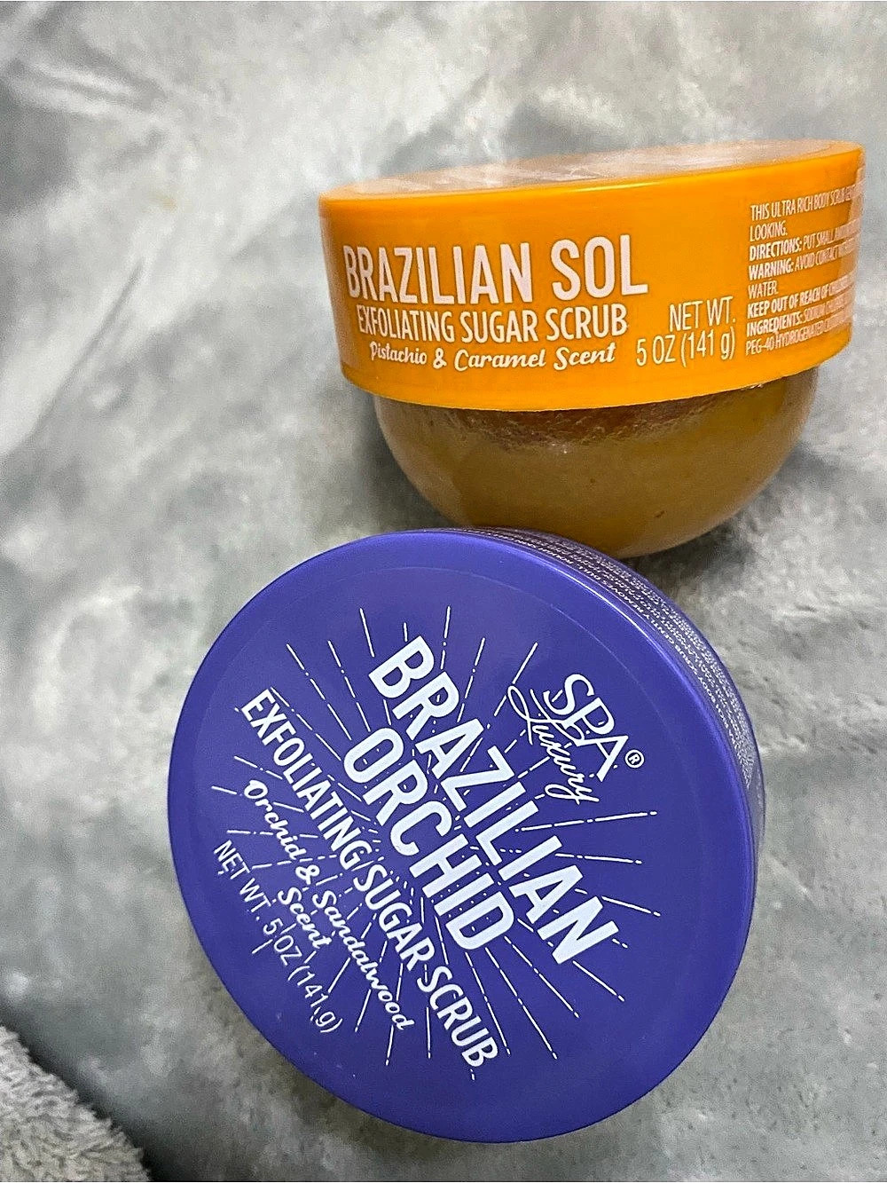 SPA Luxury Brazilian Sol & Brazilian Orchid Sugar Scrub Duo Orange & Purple NWT - Picture 3 of 5